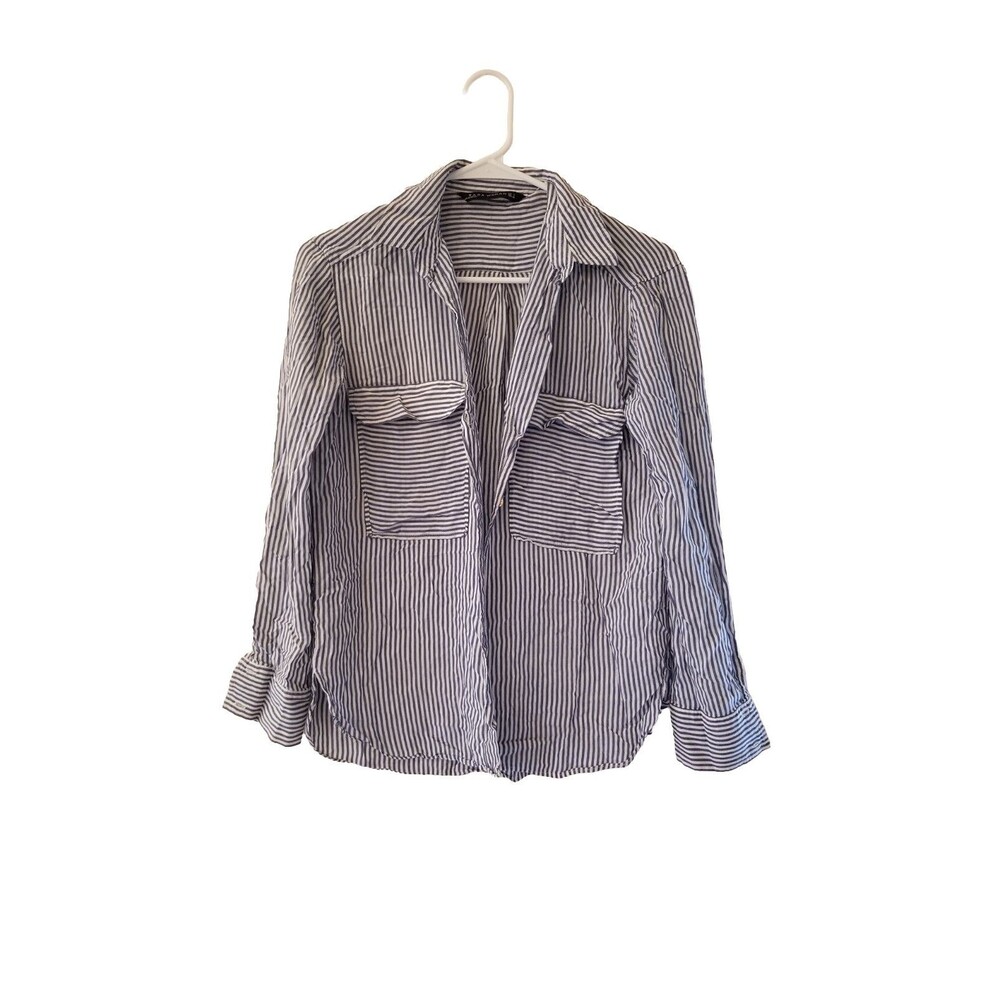 ZARA Womens Small Blue White Striped Button-Down Shirt Blouse Cotton Long Sleeve
